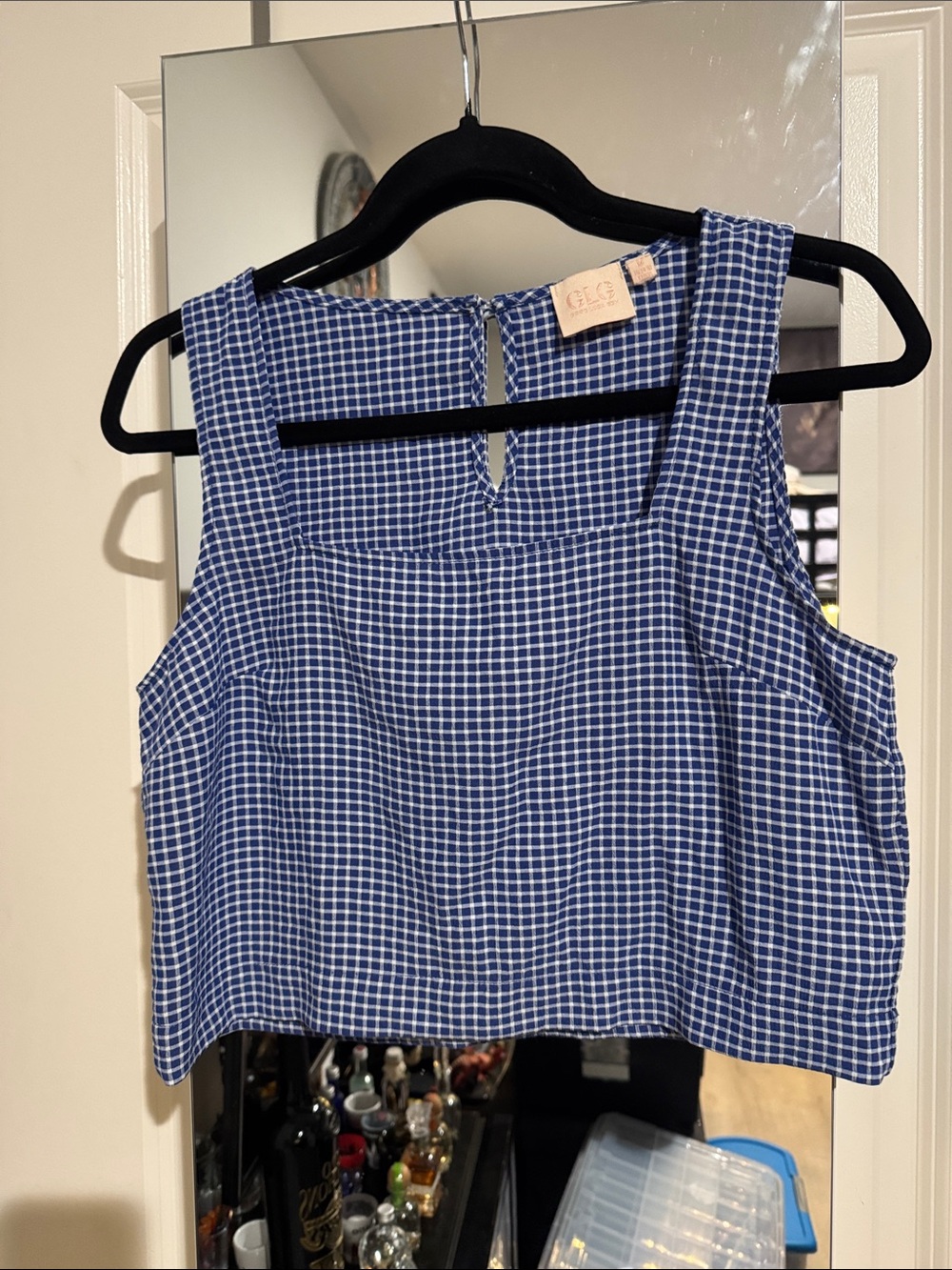 Good Luck Gem Blue Gingham Square Neck Crop Top